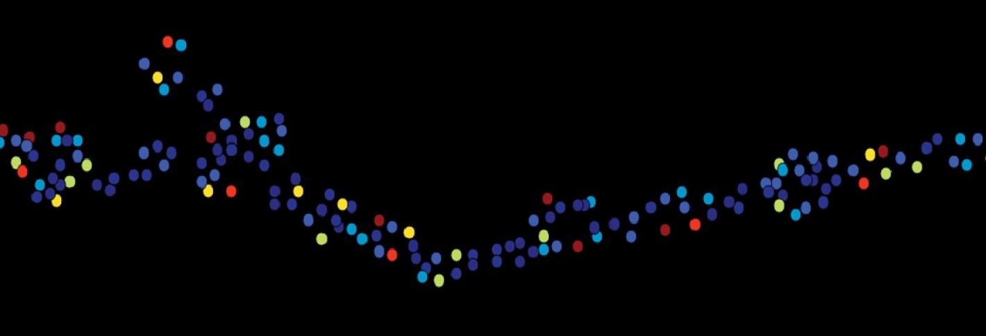A stretch of neuron represented as dots colored to indicate the release probability of active zones.