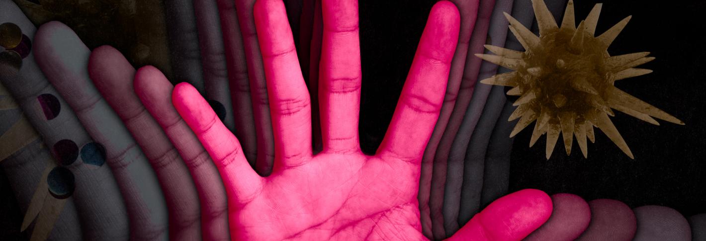 A hand with motion blur around it to suggest it's waving is surrounded by large spiky virus particles