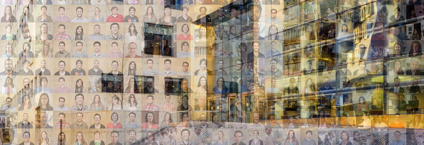 A photocollage of alumni pictures composes an image of Building 46 from the perspective of a person standing on Vassar Street