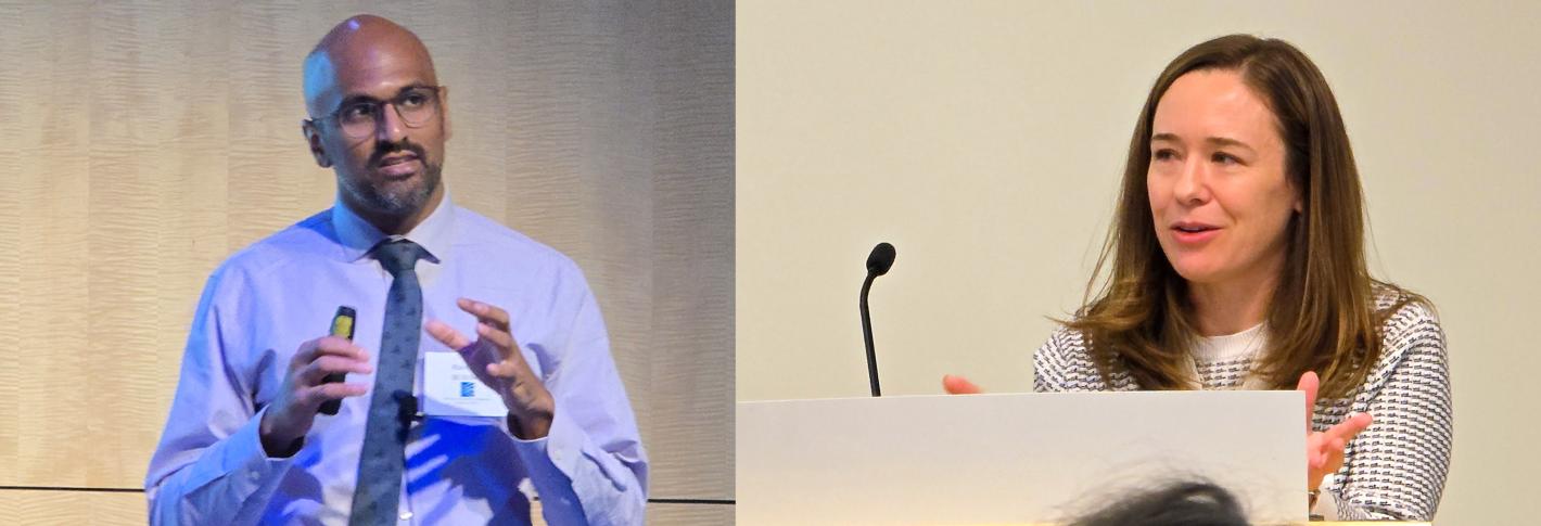 In side by side panels Ravikiran Raju and Sara Prescott deliver talks from the front of large rooms. Prescott is at a lectern.