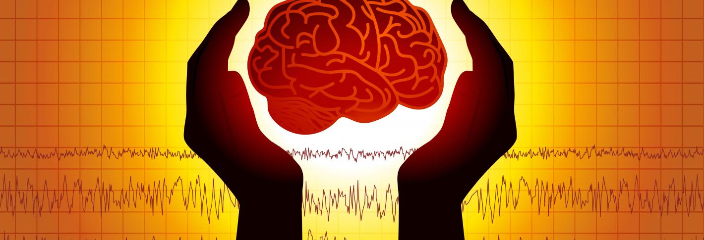 A cartoon of the brain held in hands over a background of brainwaves