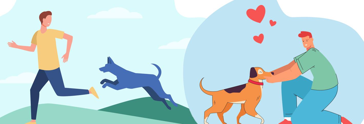 Two cartoons depict (on the left) a blue dog chasing after a man in a yellow shirt and blue pants and (on the right) a main in a green shirt and blue pants kneeling down to pet a dog with hearts in the air symbolizing love.