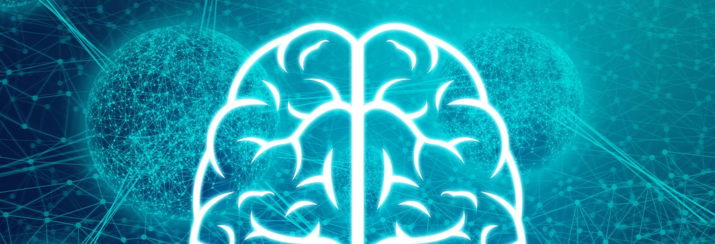 A white line art brain (as viewed from above) is in the foreground. The background is dark blue with lighter blue balls connected by sticks to other balls, representing molecules.. 