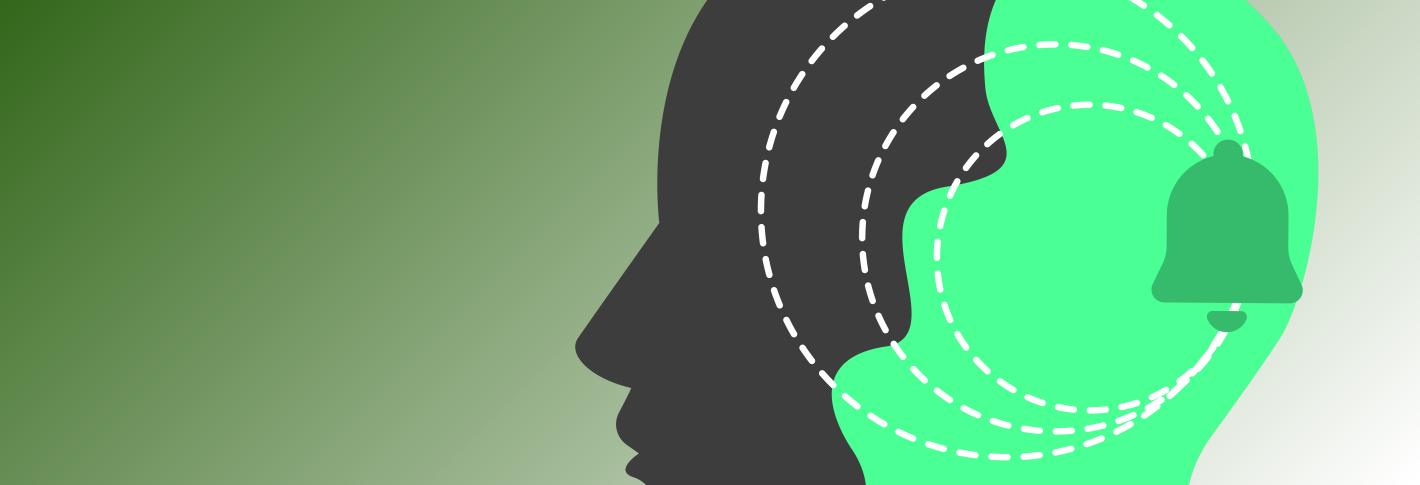 A cartoon shows a head in profile split between a gray region at the front and a green region at the back. In the back is a bell and progressively larger dotted white circles propagate outward from the bell toward the front of the head.