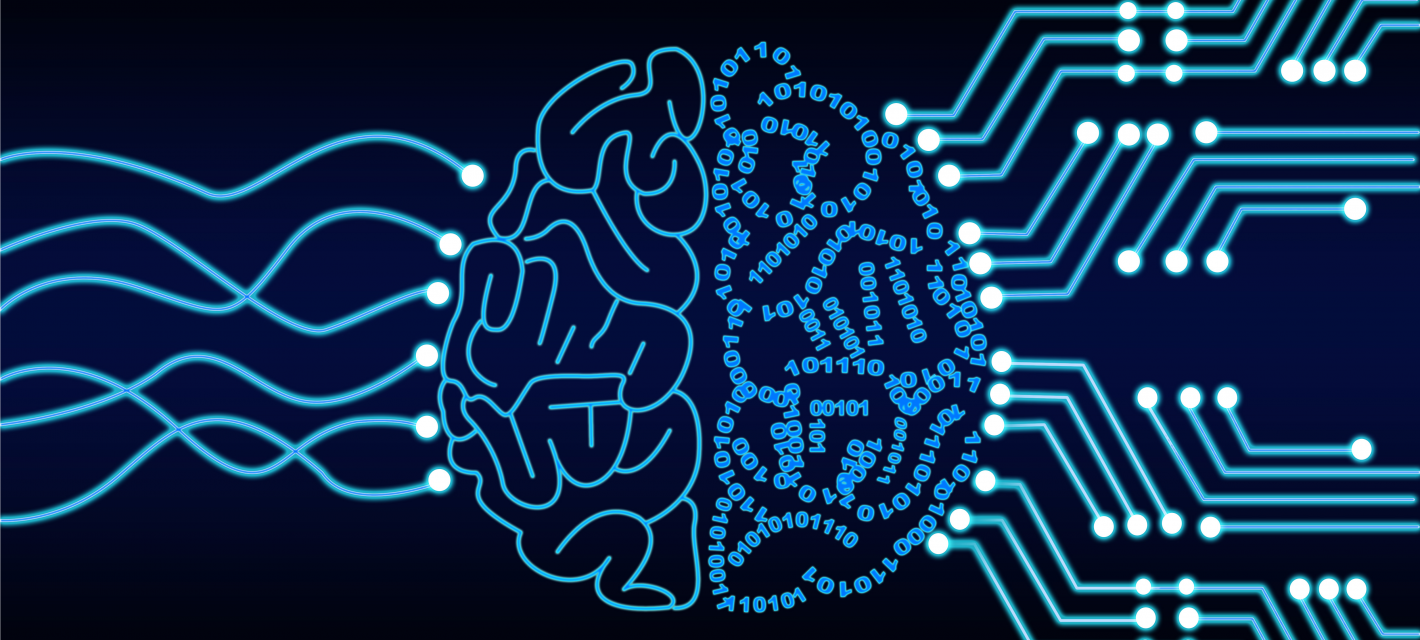 An illustration portrays a brain with a biological left hemisphere and a digital right hemisphere