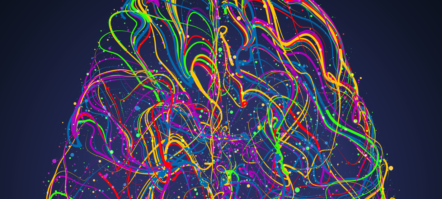 An illustration employs long, colorful squiggly lines and arbitrarily placed small colorful dots to form the image of a brain as if viewed from overhead.