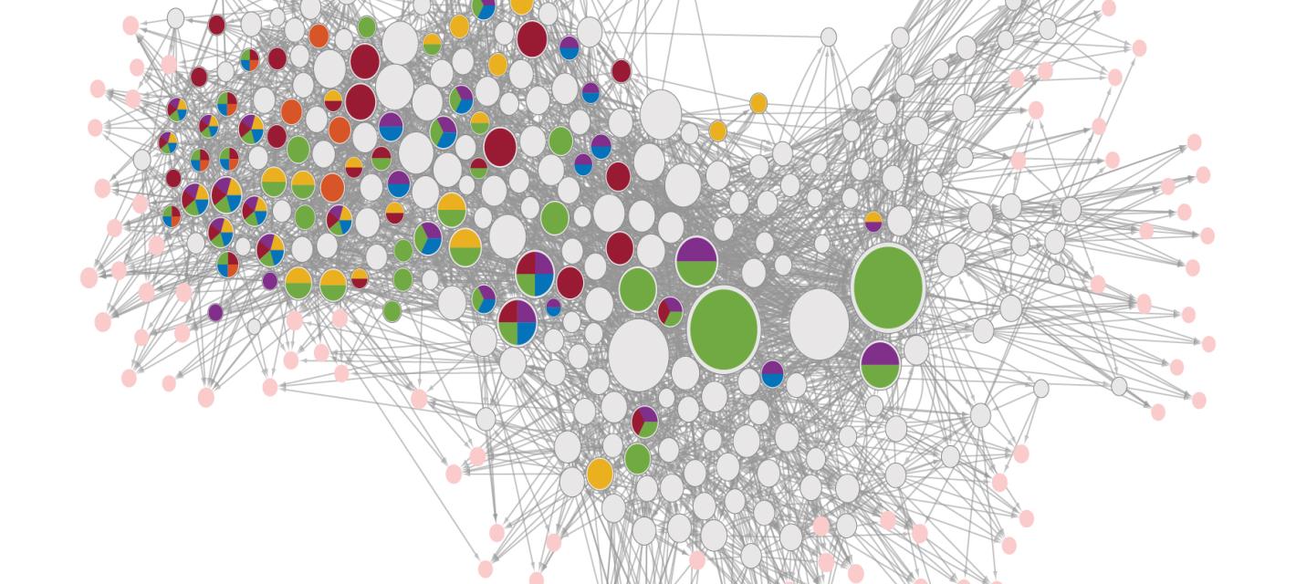 A diagram shows hundreds of dots interconnected by gray lines. Many of the dots show combinations of different colors, denoting which serotonin receptors they express.