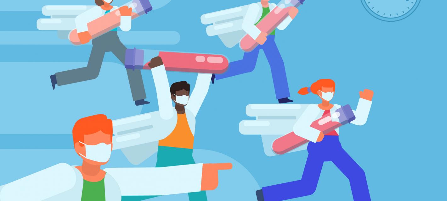 A cartoon depicts four scientists running from left to right carrying oversized test tubes of pink liquid. Another scientist points in the direction of the running.