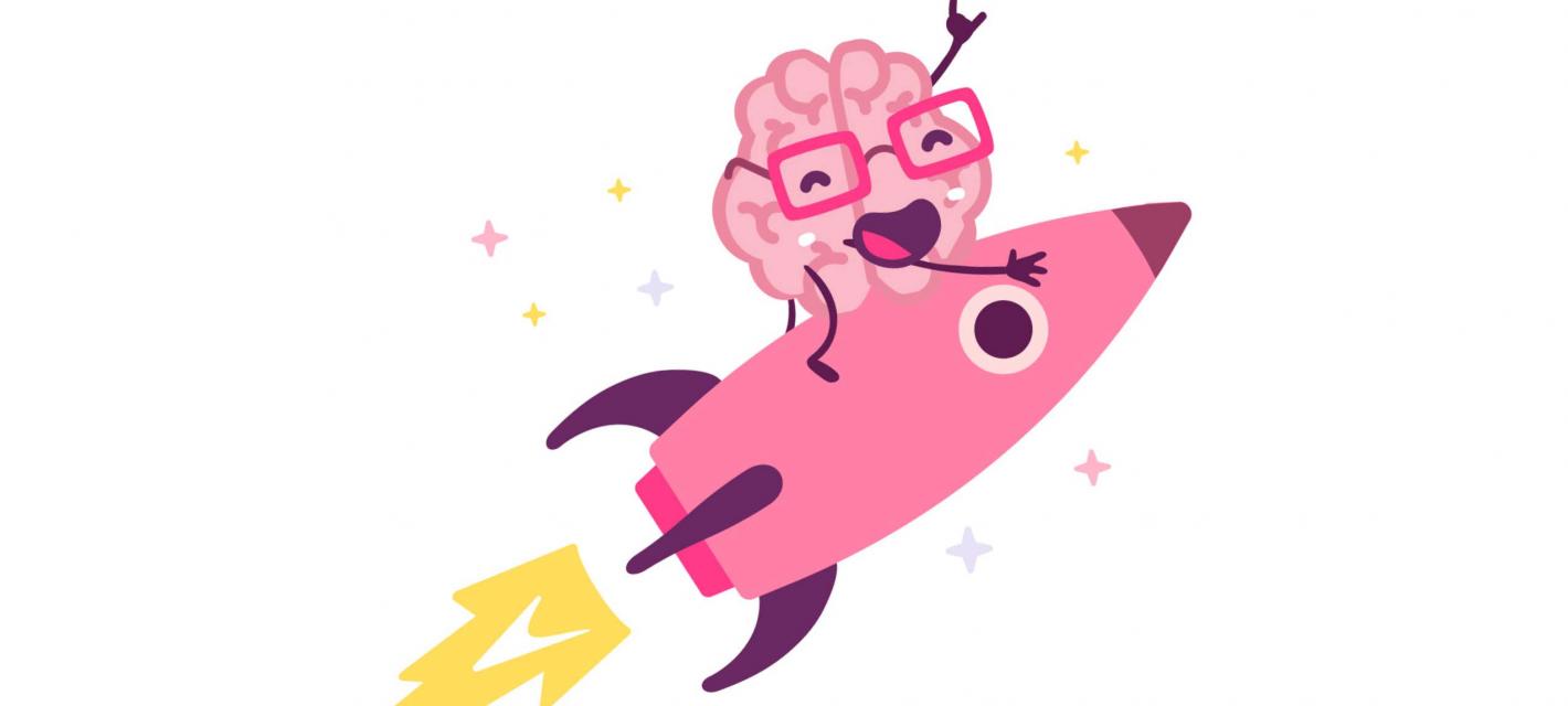 A smiling cartoon brain holds a triumphant hand up as it rides on the back of a pink rocket into space