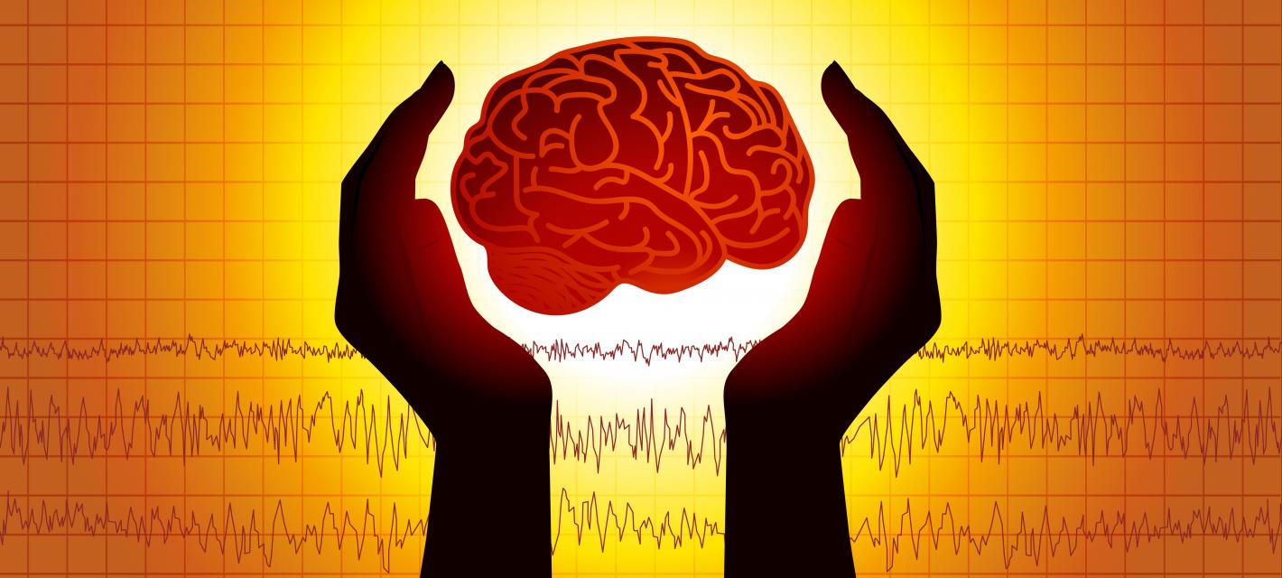 A cartoon of the brain held in hands over a background of brainwaves