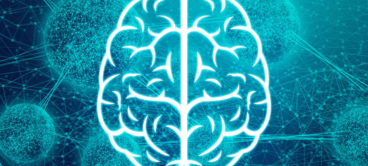 A white line art brain (as viewed from above) is in the foreground. The background is dark blue with lighter blue balls connected by sticks to other balls, representing molecules.. 