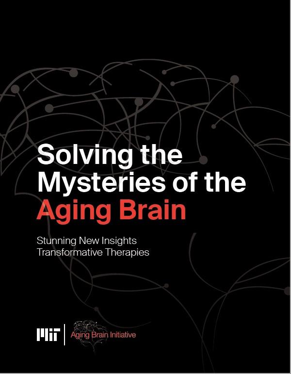Black brochure cover says "Solving the Mysteries of the Aging Brain"