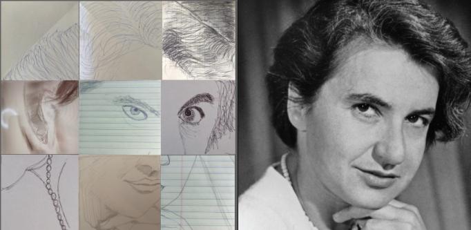 A patchwork of 9 drawings on the left mimics a photograph of a woman's face on the right