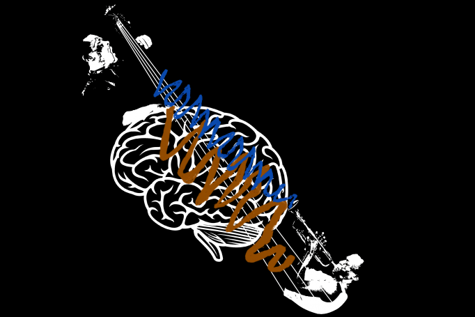 Gamma and beta brainwaves superimposed above a human brain, generated by the trumpet of miles davis and the guitar of charles mingus respectively