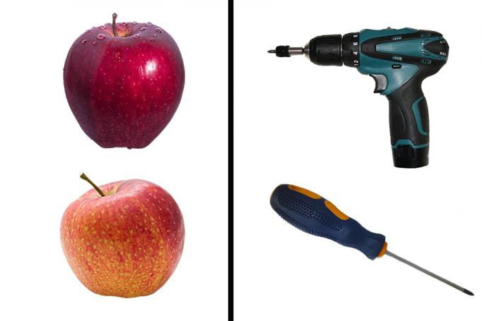 Image shows two similar looking apples on one side and a drill and screwdriver on the other side