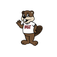 Tim the Beaver wears a white MIT tee shirt and waves with his right hand, or paw.