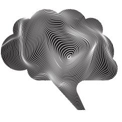 Three brain-shaped speak bubbles are black but full of white concentric lines that appear as ripples or waves in complex patterns