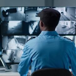 A security guard views a bank of eight monitors on his desk. The perspective of the image is from behind the security guard so that the various parts of a building's interior is visible on the monitors.