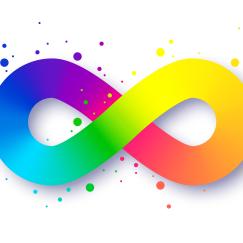 A thick infinity symbol is filled with a smooth gradient of rainbow colors. The symbol has a shadow creating the appearnce of floating above the white background. Rainbow colored spots are sprinkled throughout the image.