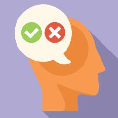 An illustration depicts a head in profile with a speak bubble containing a check symbol next to an x symbol. The background is pink