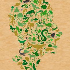 On a background of parchment paper a profile of a head is composed entirely of various animal silhouettes in subtle earth tones.