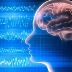 Brain waves emitting from side profile of animated head with brain showing