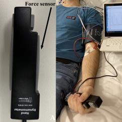 In two panels an image shows a closeup of a long black, plastic device with some gray buttons on the side and then an image of a man in a hosptial bed with some tubes around his arm holding the device in his hand.