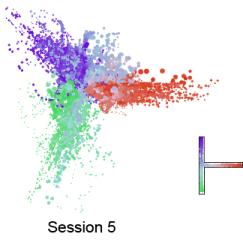 Two colorful arrays of dots are side by side. The left array, labeled session 1, is in a vaguely circular shape. The right array, labeled session 5, is in a structure similar to a sideways T, which is the actual shape of the maze that mice ran through.