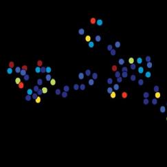 A stretch of neuron represented as dots colored to indicate the release probability of active zones.