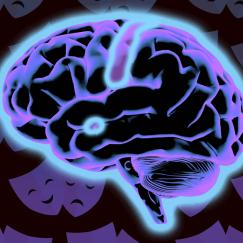 A black brain shown in a side view glows blue. The amygdala, a small almond-shaped structure toward the bottome center stands out especially. In the background there are theater masks signifying emotions.