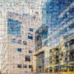 A photocollage of alumni pictures composes an image of Building 46 from the perspective of a person standing on Vassar Street