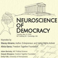 Event poster on a parchment-like background features line art imagery of a brain in a head, the acropolis, the phrase "of the people, by the people, for the people," and a crowd of people.