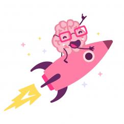 A smiling cartoon brain holds a triumphant hand up as it rides on the back of a pink rocket into space