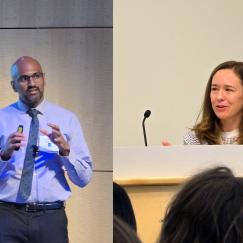 In side by side panels Ravikiran Raju and Sara Prescott deliver talks from the front of large rooms. Prescott is at a lectern.