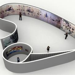 A rendering of an art installation shaped like the limbic system shows people viewing the paintings within