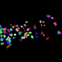 a series of small blocky spots of color appear in the aggregate to make up the shape of a worm as it stretches horizonally across a black background