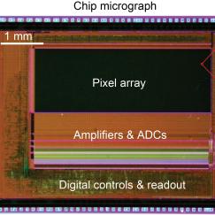 A composite of images features the whole imaging chip which includes a black rectangle in the top third labeled as the pixel area, a more orange below labeled as the amplifiers and analog digital converters and an outer area that contains the digital controls and readout. The whole chip is about 5 mm wide by 4 mm tall. An inset shows individual pixels, which are mostly a black photodiode with a thin strip on the left of smaller circuitry.  A circuit schematic shows an arrangement of six pixel transistors.
