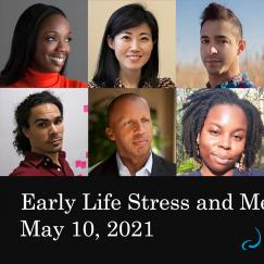 A grid of headshots of the 13 symposium speakers. A text field says "Early Life Stress and Mental Health" May 10, 2021 with Picower and MIT logos