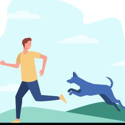 Two cartoons depict (on the left) a blue dog chasing after a man in a yellow shirt and blue pants and (on the right) a main in a green shirt and blue pants kneeling down to pet a dog with hearts in the air symbolizing love.