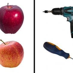 Image shows two similar looking apples on one side and a drill and screwdriver on the other side