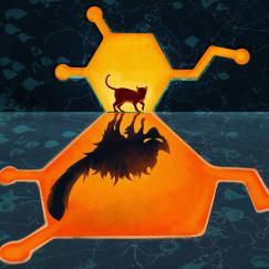 An illustration shows a cat within a dopamine molecule reflected as a scary large cat in a larger dopamine molecule