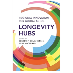 A picture of the cover of Longevity Hubs shows the title mostly encircled by arcs of many different colors