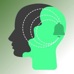 A cartoon shows a head in profile split between a gray region at the front and a green region at the back. In the back is a bell and progressively larger dotted white circles propagate outward from the bell toward the front of the head.