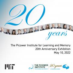 White and blue event poster features a big "20" and a wavy ribbon of photos of the 13 current institute faculty