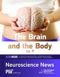 A woman holds a brain in front of her torso with the words The Brain and the Body in the foreground.