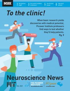 A light blue Fall 2022 newsletter cover decorated with cartoons of scientisrs running and carrying large test tubes reads "To the Clinic! When basic research yields discoeries with medical potential, Picower Institute professors find ways to test whether they'll help patients."