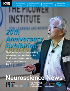 Newsletter cover shows Susumu Tonegawa looking toward an unseen screen while holding a laser pointer. The main text says "20th Anniversary Exhibition." In the background is the Picower Institute logo.