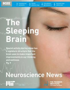 Fall 2023 newsletter cover features a closeup of the serene face of a woman whose eyes are closed. Brainwave traces of varying frequencies extend across the page to the left of her head. The title text says "The Sleeping Brain"
