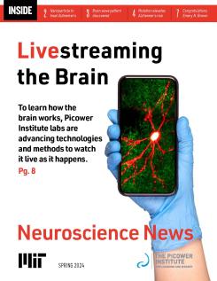 A newsletter cover that features a hand wearing a blue latex glove holding up a cell phone that displays a red-stained cell. The main text says, "Livestreaming the Brain"
