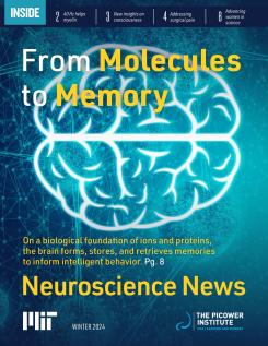 A large white line art brain is superimposed over a dark blue background with light blue molecules represented as large spheres connected with thin sticks.